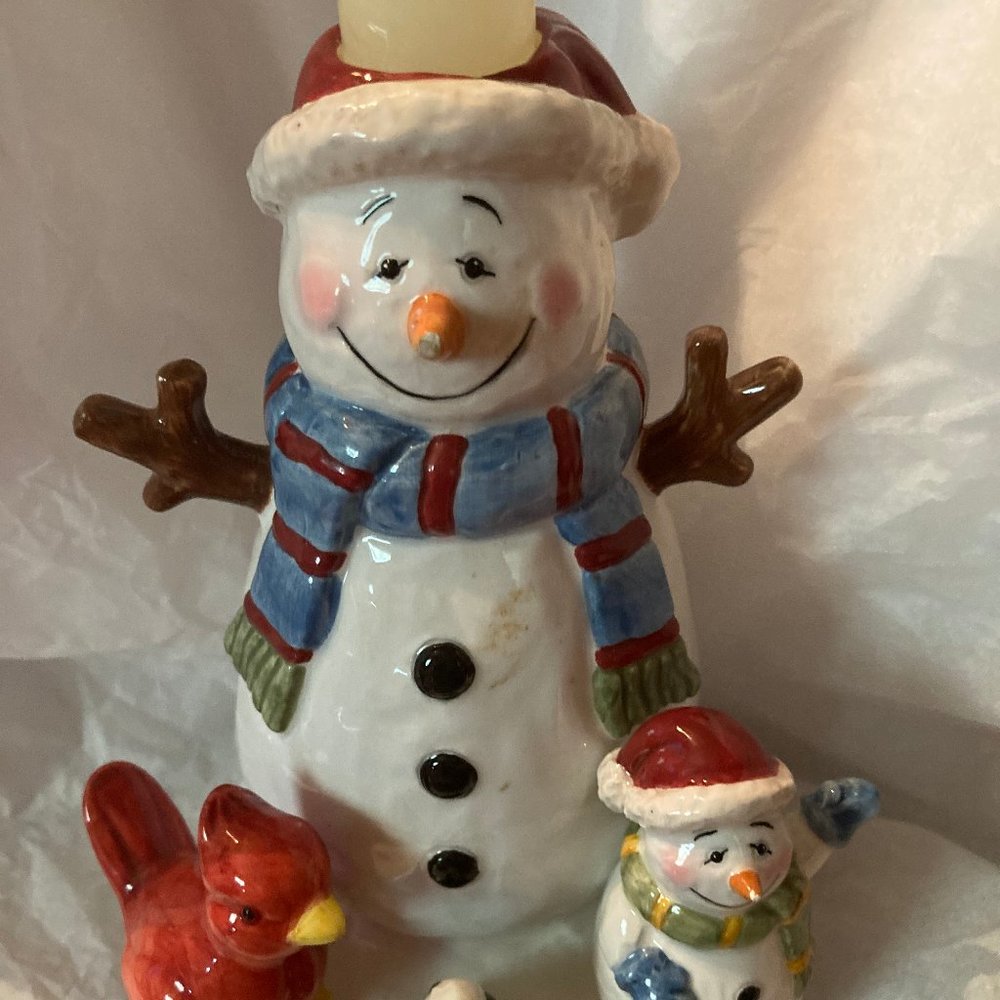 SNOWMEN CANDLE HOLDER NEW CERAMIC CUTE HOLIDAY